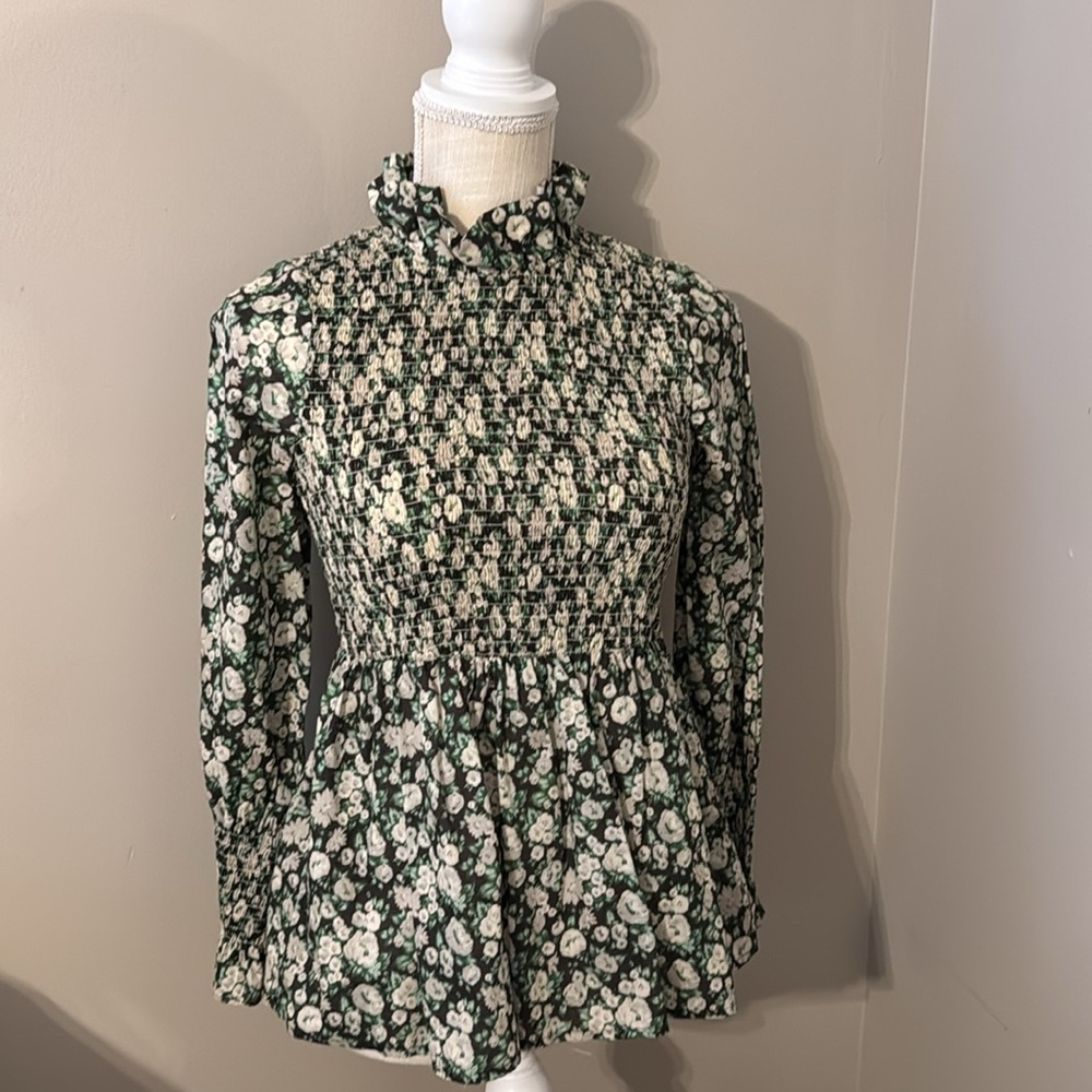 Tuckernuck Black and Green Floral Ruffle Blouse